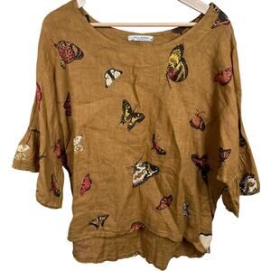 Viola Borchi Linen Caramel Butterfly Top Medium Made in Italy Cottagecore